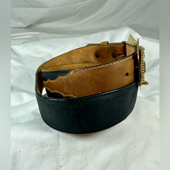 Vintage Eisenhower one dollar double coin buckle Justin black tan leather belt - Picture 9 of 10